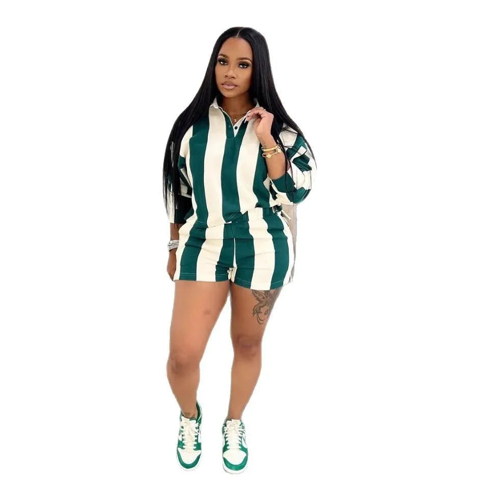 Shorts Pant Set Women Two Piece Sets Short Sleeve Matching Sets Striped Top High Waist Pants Suit Casual Y2k Streetwear Jogger