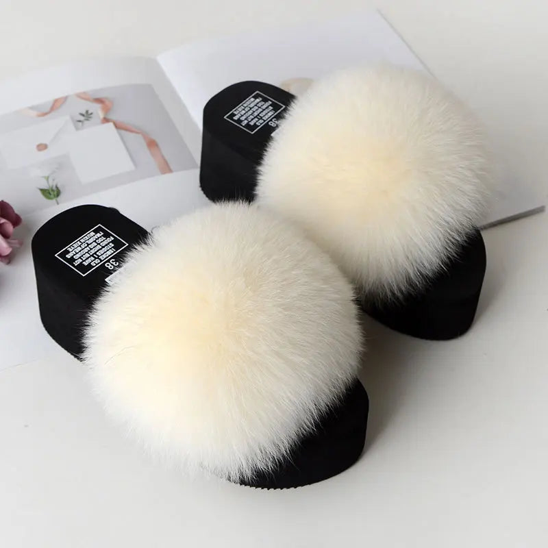 Women Fox Fur Slippers Woman Fashion Sandals Girls Casual Fur Slides 7cm Thick Sole Summer Platform Shoes Modern Slippers Wedges