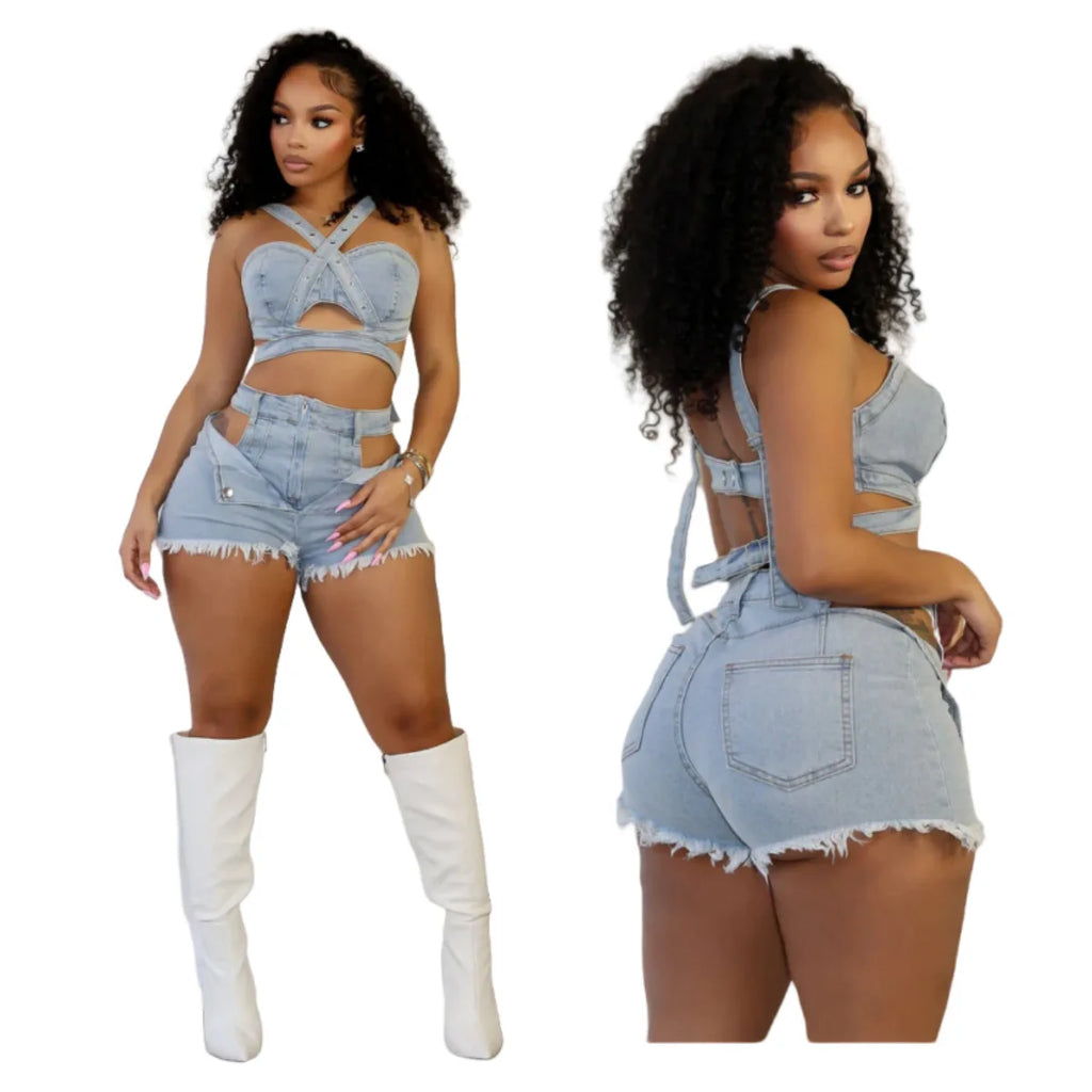 FAGADOER Summer New Sexy Denim 2 Piece Sets Woman Outfit  Y2k Streetwear Spaghetti Strap Sleeveless Crop Top and Shorts Suit