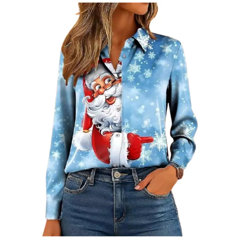 New Christmas Snowflake Women Shirts Autumn Winter Long Sleeve Cute Cartoon Santa Claus 3D Print Blouse Casual Lapel Button Tops
