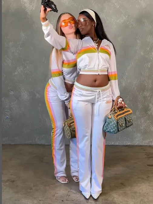 HLJ&GG Fashion Trend Y2K Striped Patchwork Two Piece Sets Women Zip Long Sleeve Crop Top + Shorts Outfits Female 2pcs Streetwear