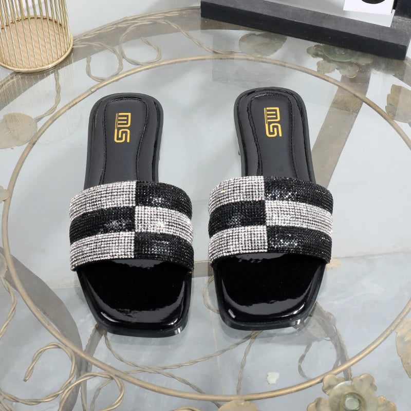 luxurious slippers 2025 rhinestone square toe fashion wear sandals  elegant flat bottom women's slippers black ladies shoes