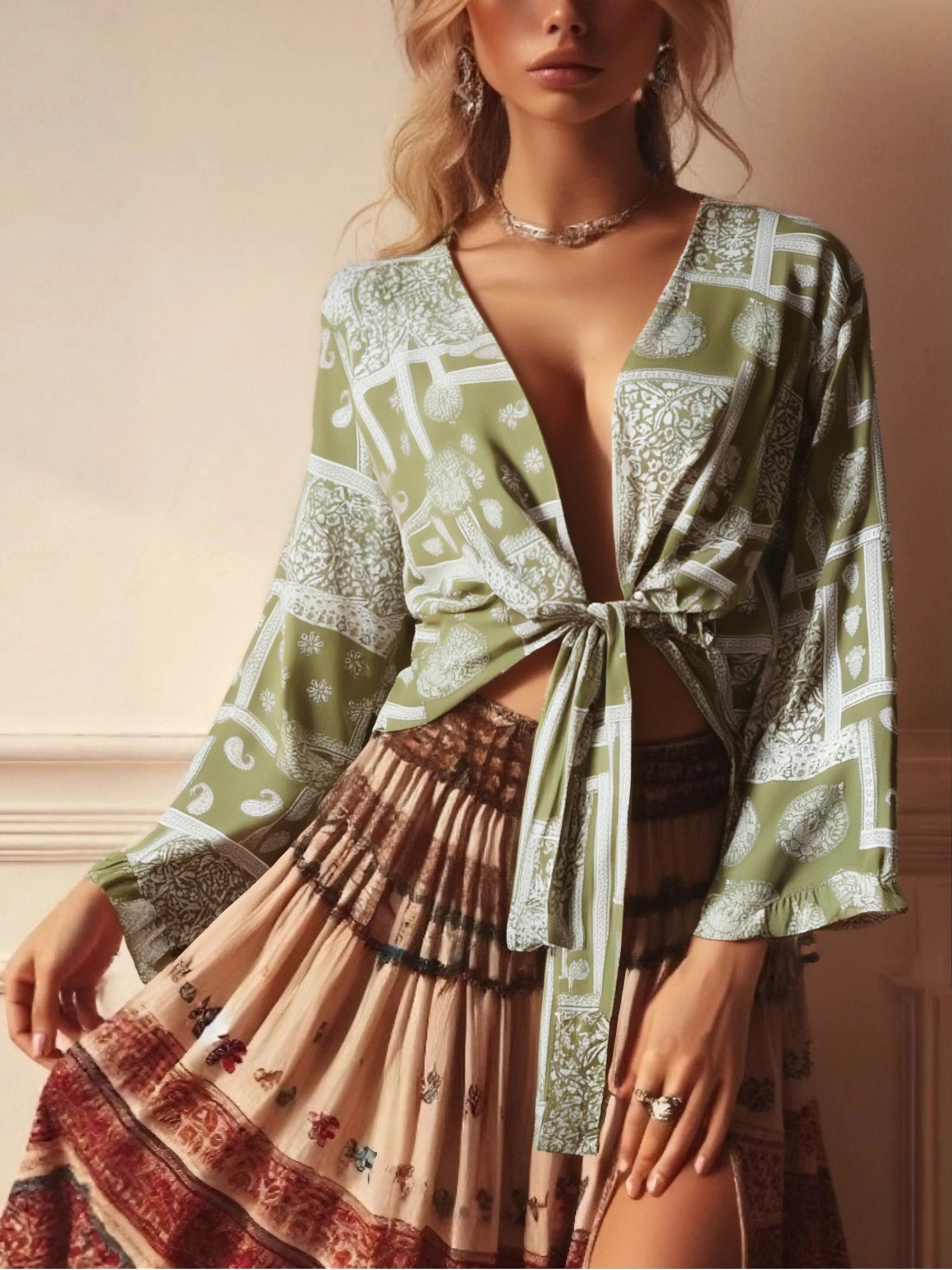 Boho Queens Fashion Women Floral 2025 Beach Summer Short Kimono Ruffles Flare Sleeves Vacation Bohemian Bikini Boho Cover-ups