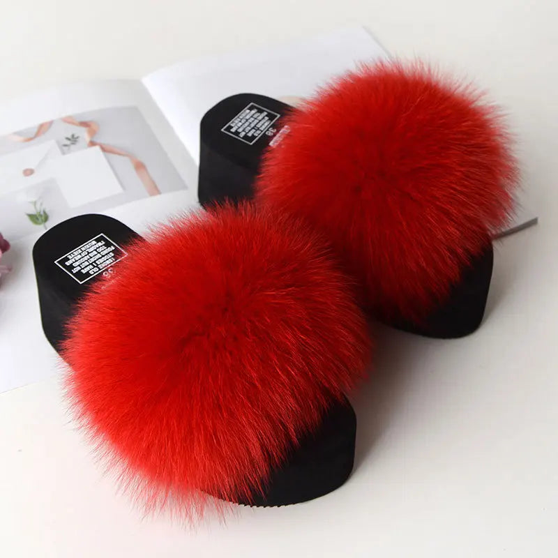 Women Fox Fur Slippers Woman Fashion Sandals Girls Casual Fur Slides 7cm Thick Sole Summer Platform Shoes Modern Slippers Wedges