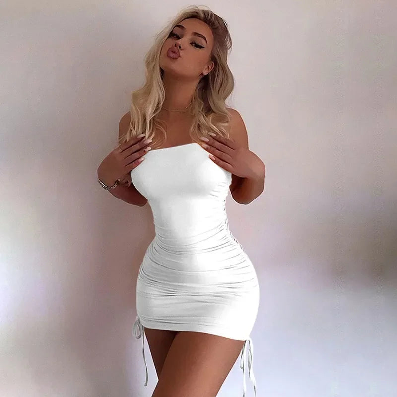 Sexy Strapless Women Mini Dress Solid Color Fashion Pleated Slim Fit Female Bodycon Dress High Quality Lady Party Dress Summmer
