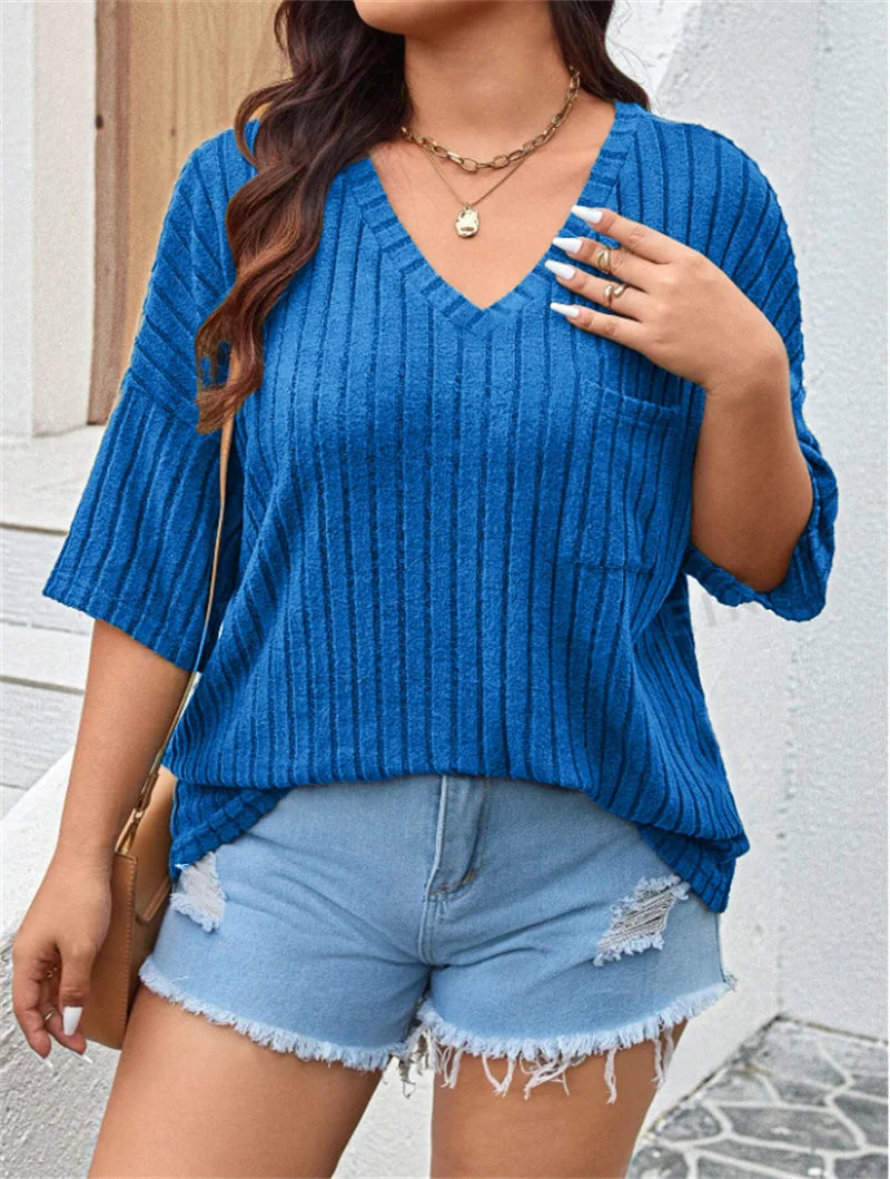 GIBSIE Plus Size Drop 3/4 Sleeve Loose Rib-knit T Shirt Women Summer 2025 Solid Color V-Neck Pocket Casual Female Tops Tees