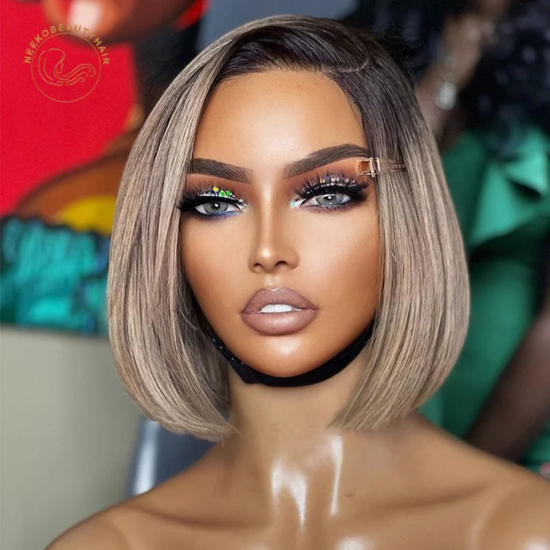 Ash Blonde Ombre Lace Front Wig Honey Blonde Transparent Lace Frontal Wig Ombre Blonde Colored Human Hair Bob Wis With Dark Root