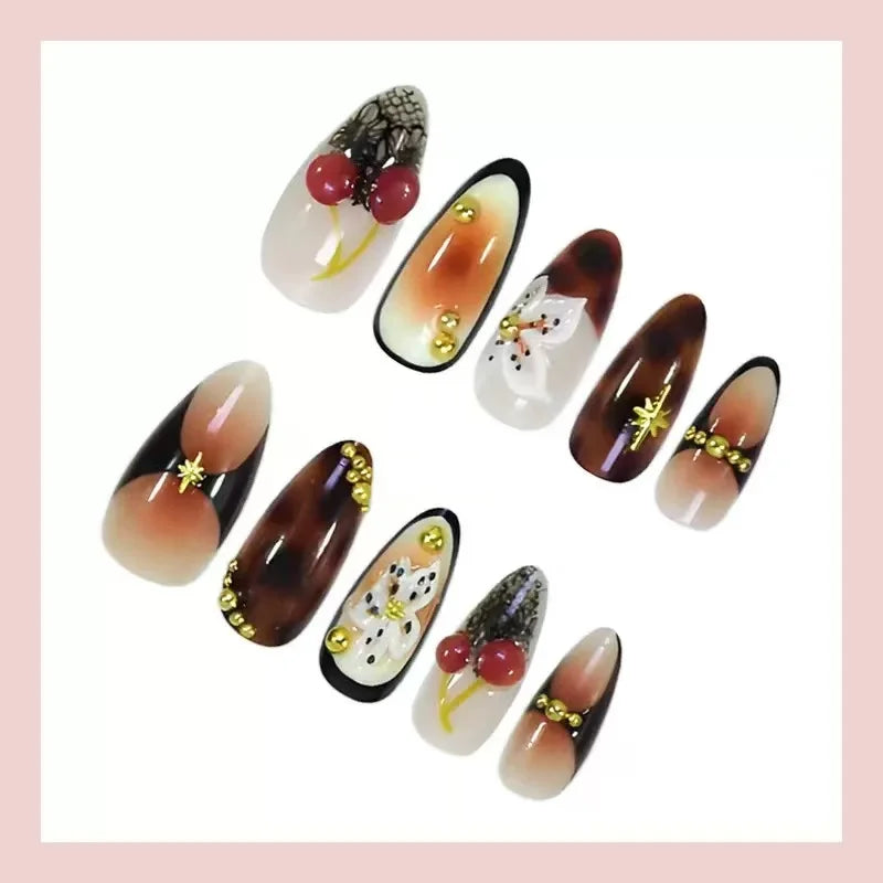 24Pcs Press On Nails Cherry Floral Rhinestone Design French Almond False Nails European Style Full Cover Nail Tips