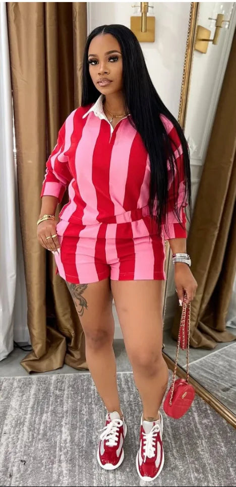 Shorts Pant Set Women Two Piece Sets Short Sleeve Matching Sets Striped Top High Waist Pants Suit Casual Y2k Streetwear Jogger