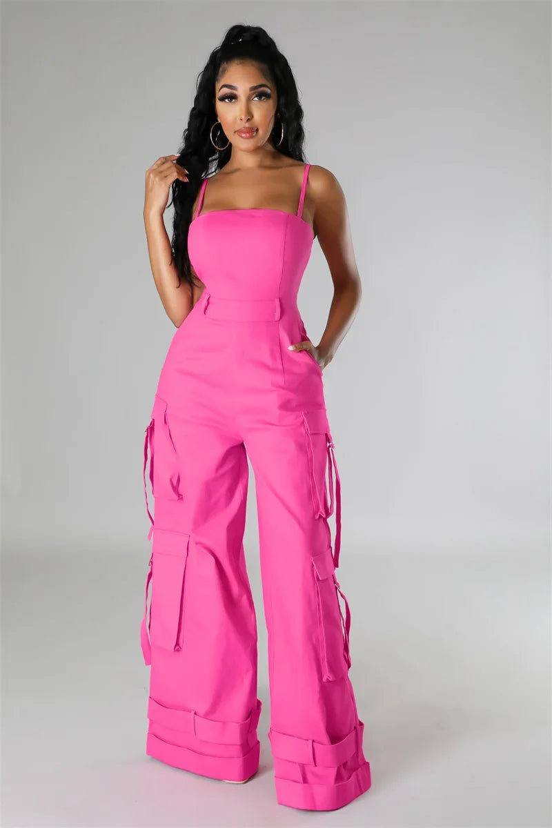 Sexy Spaghetti Strap Cargo Jumpsuit Women Summer Sleeveless Strapless Wide Leg Pants with Pockets One Pieces Romper Overall