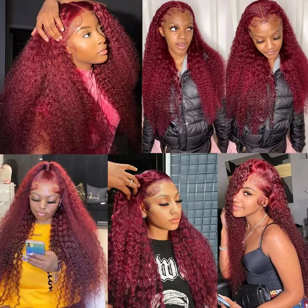 Mamushow 13x4 13x6 Deep Wave Lace Frontal Wig Transparent 99J Burgundy Curly Lace Front Wigs Red Colored HD Deep Wave Human Hair