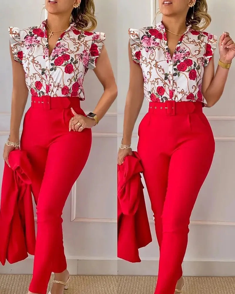 Spring Summer Women's New Printed Lotus Leaf Sleeveless Shirt Suit Elegant Slim Femal Office  Long Pants Belt Two Piece Set 2025