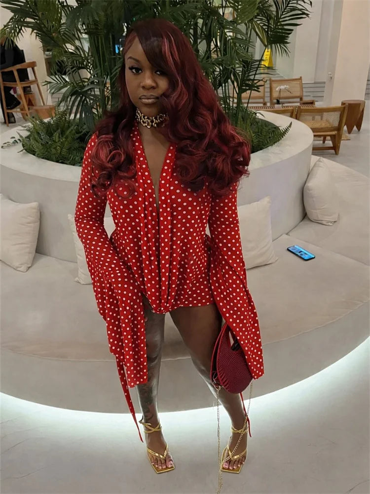 Kliou Sexy Polka Dot Print Mini Dress Woman Swing Collar Backless Batwing Sleeve Tassel Hot Girls Club Party Fashion Bodycon