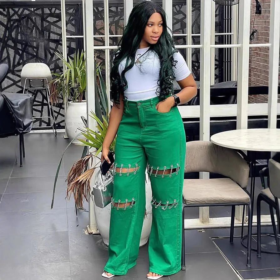 High Waist Green Ripped Chain Decoration Patchwork Wide Leg Denim Pants Women Fashion Casual Personality Trendy Long Trousers