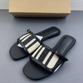 Striped Canvas Flat Slide Women Sandals Buckle Open Toe Slip-On Slippers Casual Summer Shoes Comfort Beach and Outdoor Wear