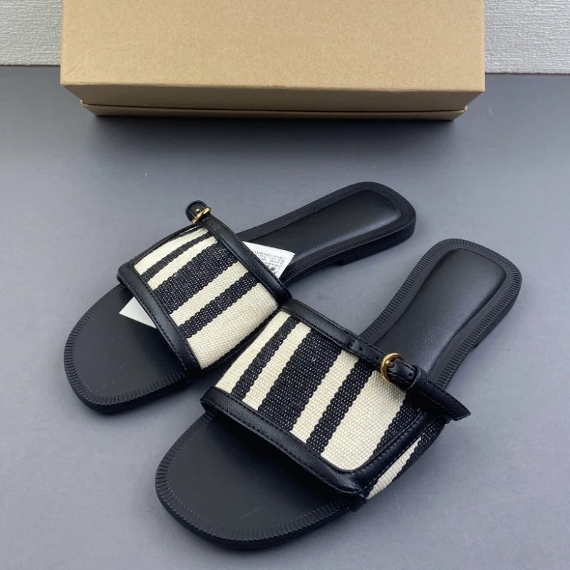 Striped Canvas Flat Slide Women Sandals Buckle Open Toe Slip-On Slippers Casual Summer Shoes Comfort Beach and Outdoor Wear