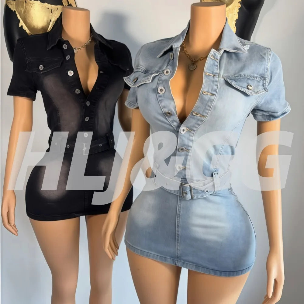 HLJ Fashion Denim Bodycon Mini Dresses Women V Neck Short Sleeve Slim Vestidos Summer New Cowboy Stretchy Streetwear Dress 2025