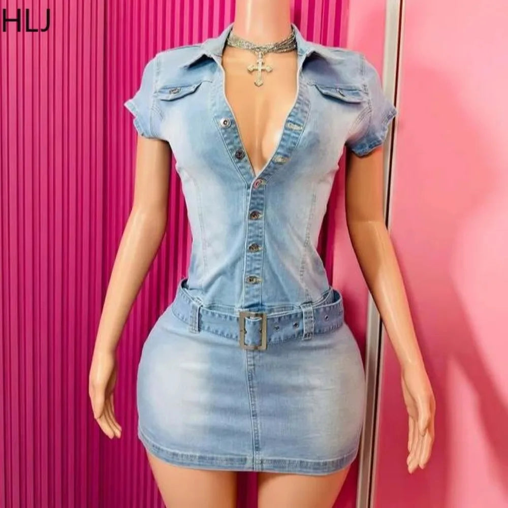 HLJ Fashion Denim Bodycon Mini Dresses Women V Neck Short Sleeve Slim Vestidos Summer New Cowboy Stretchy Streetwear Dress 2025