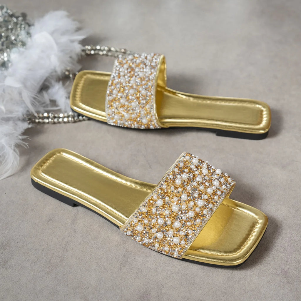 Women Slippers Rhinestone Flat Sandals Fashion Crystal Summer Slippers Comfort Non Slip Beach Shoes Women Flats Slides Women