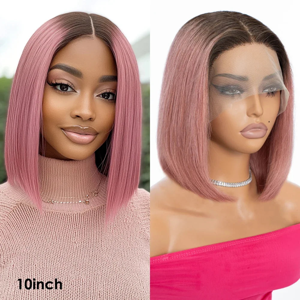 Sleek Ombre Pink Transparent Short T Lace Bob Human Hair Wigs Peruvian Straight 13x6x2 Lace Front Wig For Women Pre Plucked