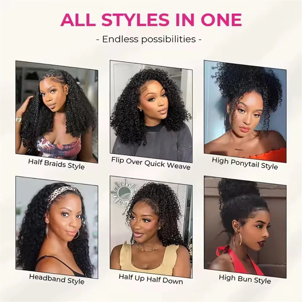 Half Wig Glueless Human Hair Wigs With Drawstring Seamless Clips 250 Density Kinky Curly Half Wigs Full Machine Made Wig