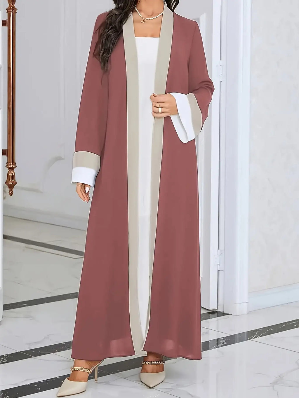 2026 Women's Casual Ramadan Open Front Long Sleeve Dress, Elegant Color Contrasting Slim Fit Extra Long Dress, Women's Wear  1