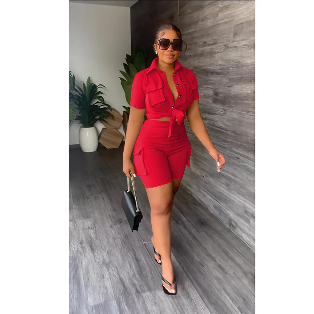 Women Shorts Two Piece Set Turn Down Collar Shirt Button Lace Up High Waist Short Sets Pockets Elegant Lady Streetwear Suit