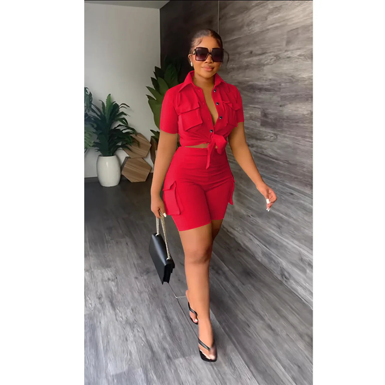 Women Shorts Two Piece Set Turn Down Collar Shirt Button Lace Up High Waist Short Sets Pockets Elegant Lady Streetwear Suit