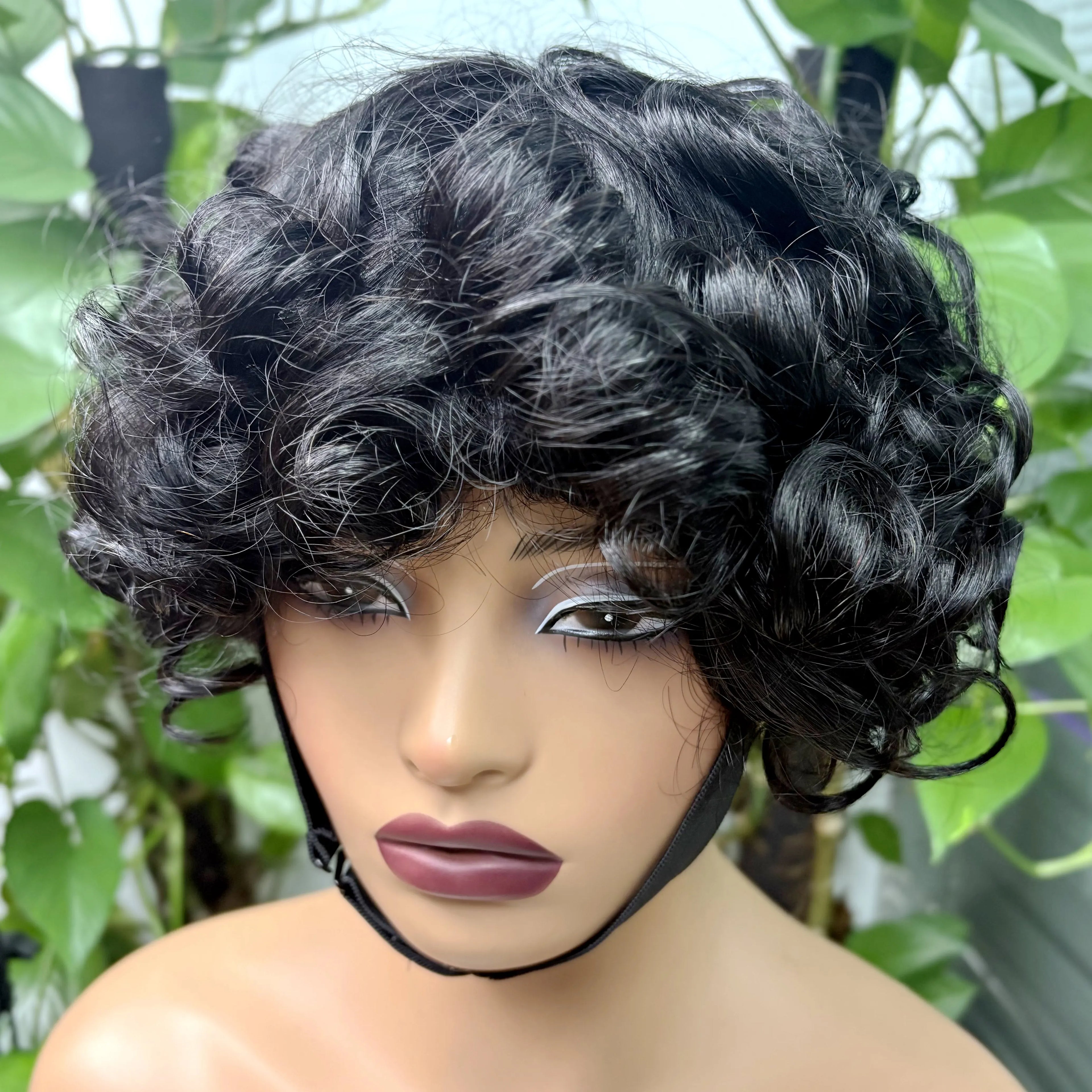 Full Machine Made Loose Wavy Bob Wig Human Hair Wigs 220% Short Colored Bouncy Curly Gluelesss Human Hair Wigs with Bangs