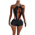HLJ Sexy Deep V Neck Bodycon Romper for Women Black Halter Sleeveless Backless Shorts Jumpsuit Female Club Party Streetwear New