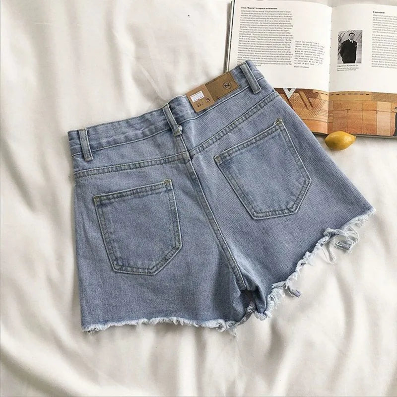 Korean Denim Shorts Women Summer Fashion Casual High Waist Ripped Jeans Pocket Tassel Hot Pants Streetwear Blue Trousers