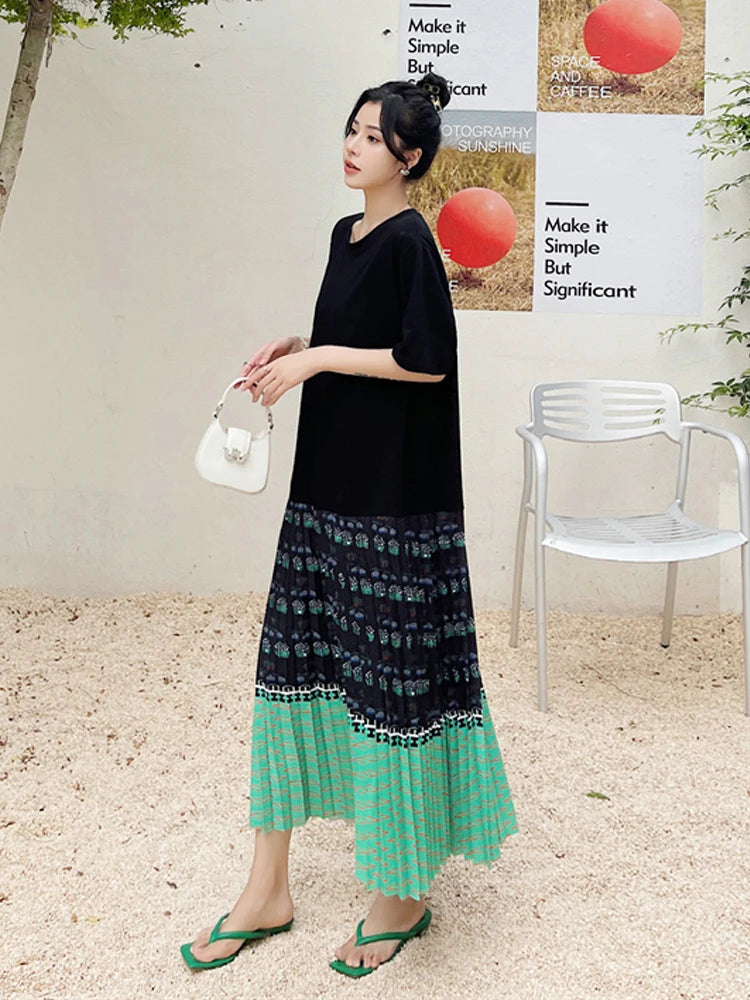 NYFS 2026 Summer New Korean Woman Dress Vestidos Robe Elbise Loose Plus Size Short Sleeve Patchwork Two Fake Pieces Long Dresses