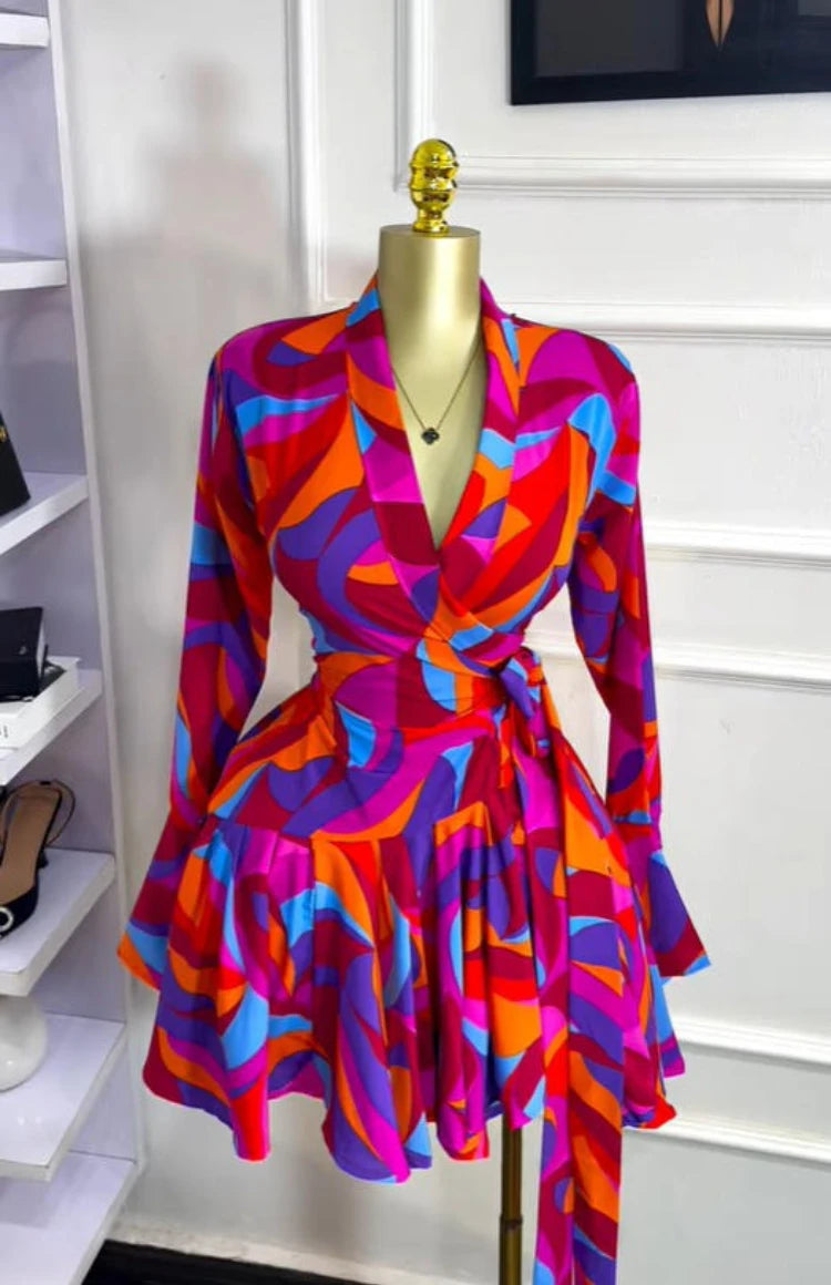 Elegant Women Tie Dye Print Flare Long Sleeve Wrap V-neck with Sashes Ruffle Dress 2026 Elegant Vacation Party Birthday Dresses