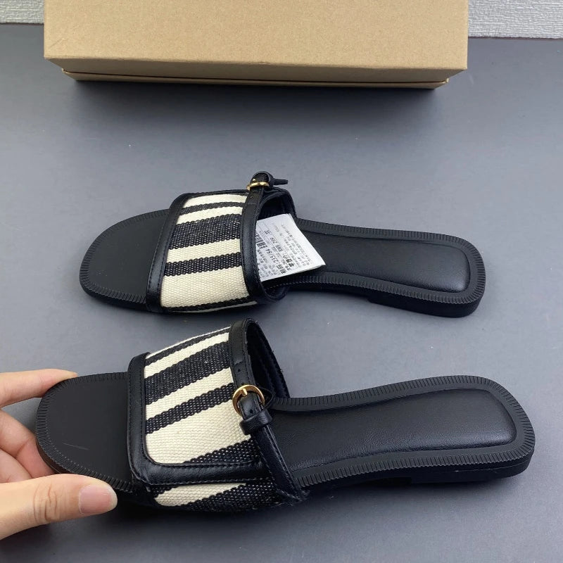 Striped Canvas Flat Slide Women Sandals Buckle Open Toe Slip-On Slippers Casual Summer Shoes Comfort Beach and Outdoor Wear