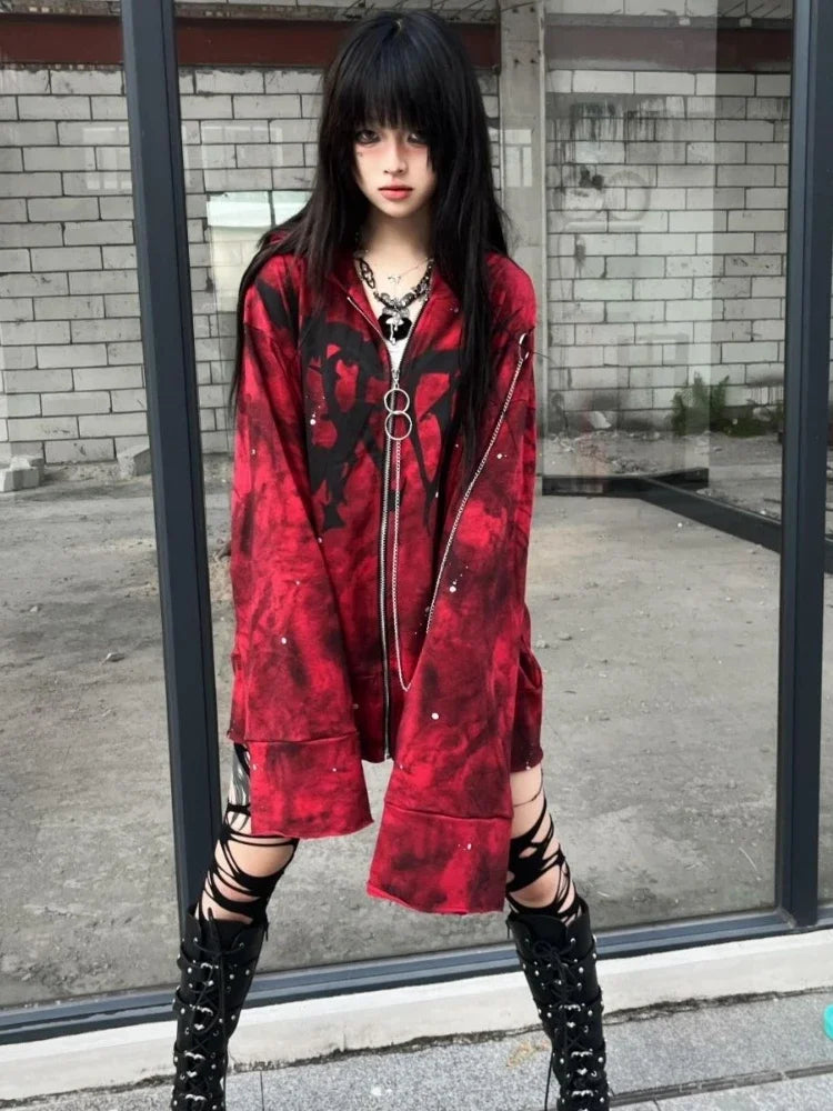 2025 Y2k Aesthetic Printing Punk Hoodies Women Grunge Loose Pocket Oversized Hooded Hoody Harajuku Streetwear Zipper Sweatshirts