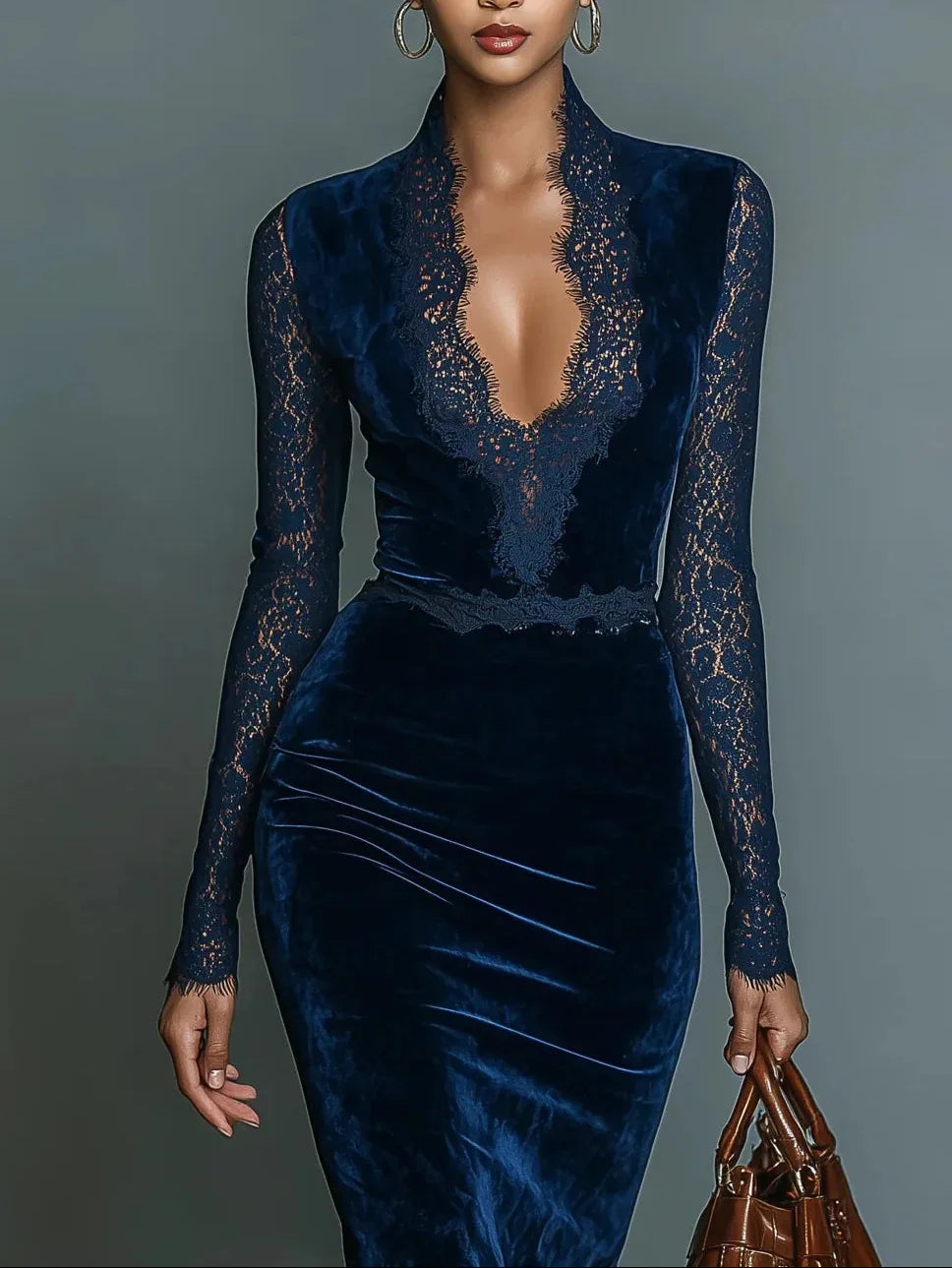 Elegant Velvet Lace Trim Evening Cocktail Dress for Women Temperament Sexy Sheer Long Sleeve V-Neck Mesh Party Bodycon Dress