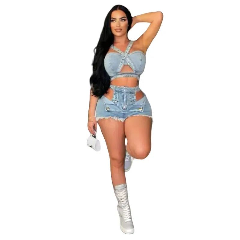 FAGADOER Summer New Sexy Denim 2 Piece Sets Woman Outfit  Y2k Streetwear Spaghetti Strap Sleeveless Crop Top and Shorts Suit