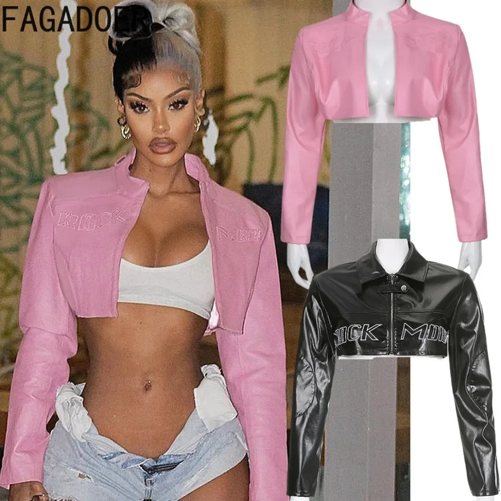 FAGADOER Y2k Punk Gothic Leather Jacket Women Cropped Lapel Letter Embroidery Moto Jackets Coat Short Female Streetwear 2025 New