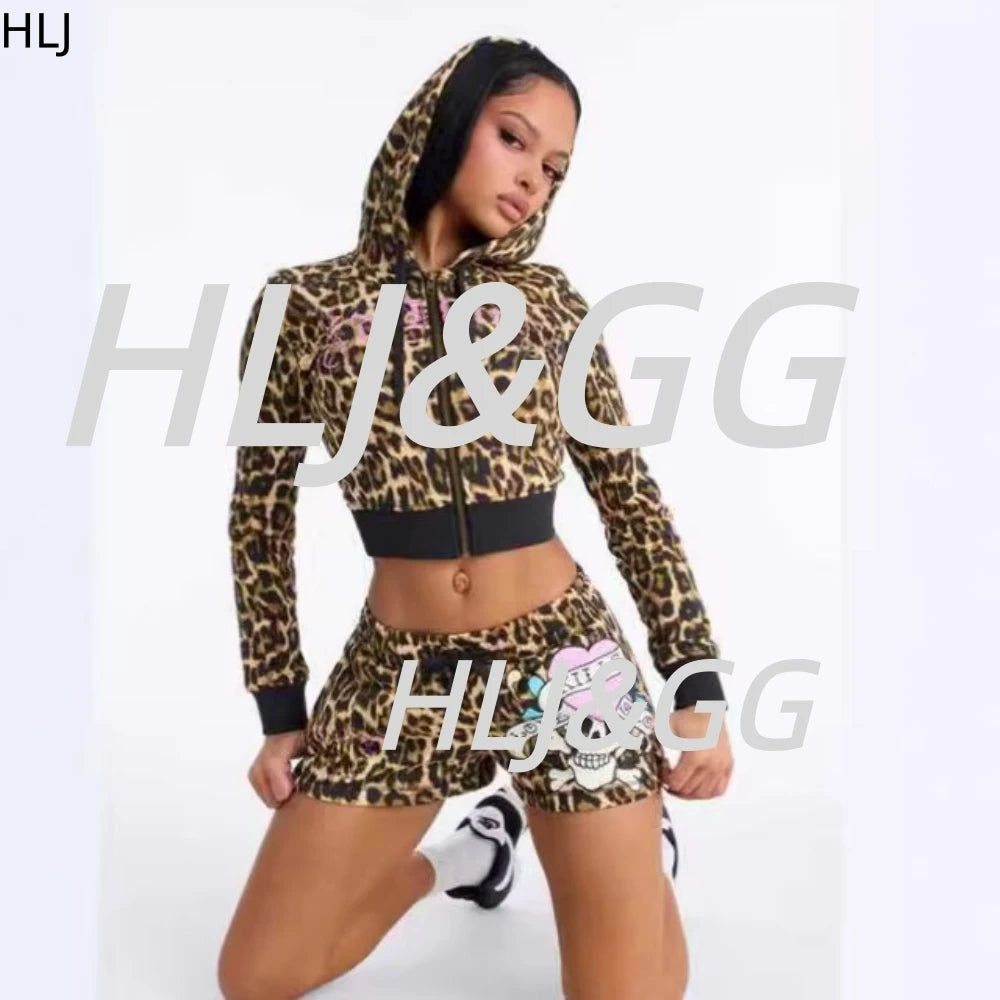 HLJ&GG Retro American Y2K Letter Hooded Two Piece Sets Women Zip Long Sleeve Crop Top+Drawstring Shorts Outfits Streetwear BR