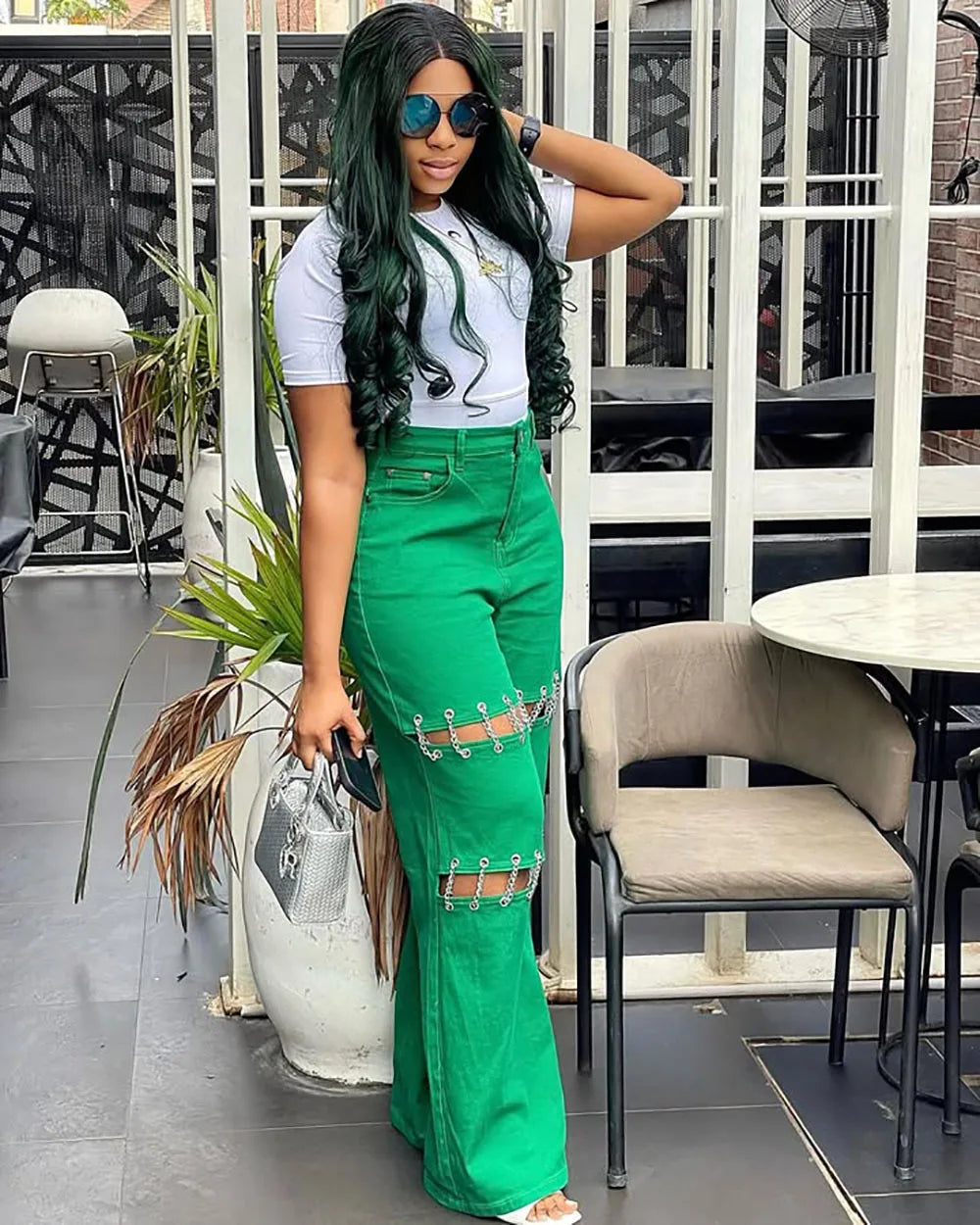 High Waist Green Ripped Chain Decoration Patchwork Wide Leg Denim Pants Women Fashion Casual Personality Trendy Long Trousers