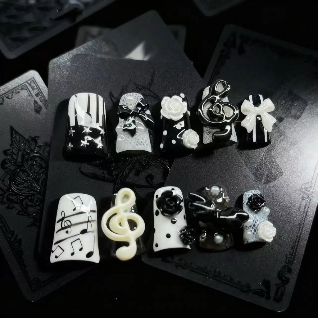 10pcs Handmade Gothic Press on Nails Punk Dark 3D Musical Note Design False Nails Fashion Duckbilled French Fake Nail Tips