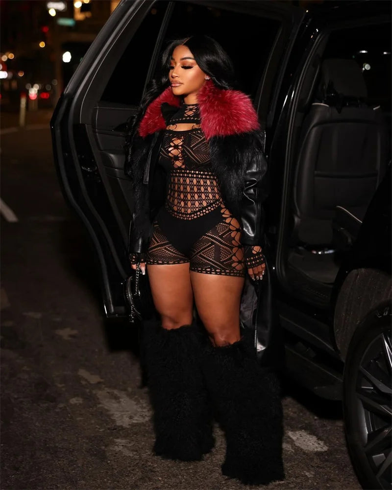 Sexy See Through Mesh Playsuit Women Rompers Long Sleeve Hollow Out Skinny Night Club Outfit One Pieces Jumpsuit Shorts Bodysuit