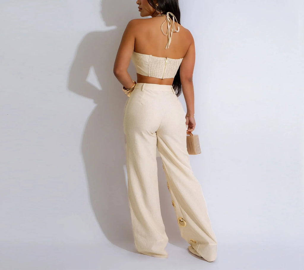 Metal Ring Hollow Out Two Piece Set Women Sexy Strapless Lace Up Halter Backless Crop Tops + Wide Leg Pants Casual Street Suits