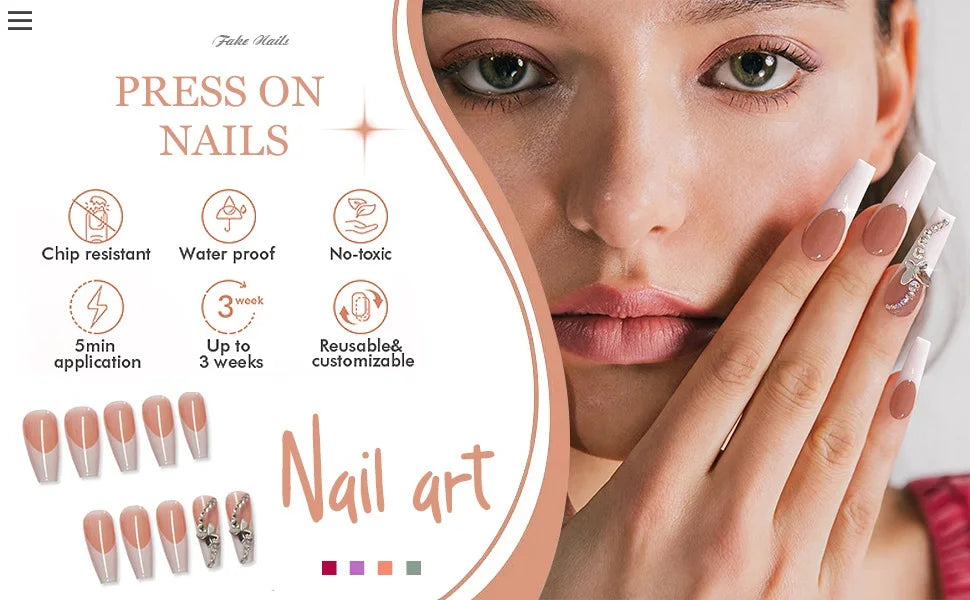 24Pcs Ballet False Nails Long French Press on Nails with Flower Design Wearable Coffin Fake Nail Pink Bow Design Manicure Tips