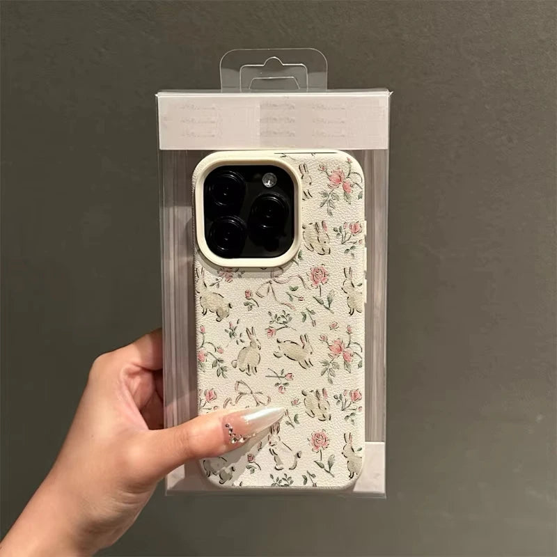 Phone Case For iPhone 17 Pro Max 16 Plus 15 Pro 14 13 12 11 XR 17Air Cute Butterfly Bunny Pink Floral  Lychee Textur Soft Cover