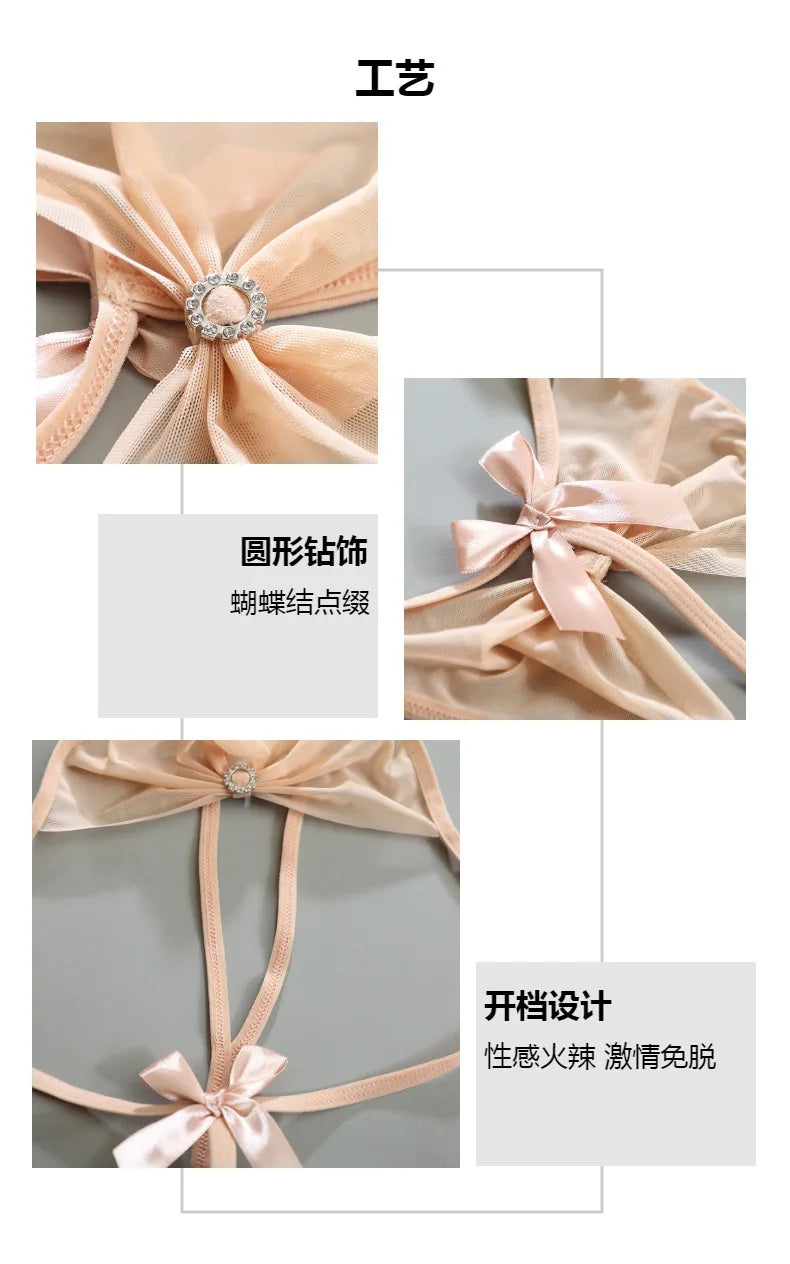 Women Sexy Rhinestone Panties Low Waist Bow G-strings Women's Hollow Out Seamless Panties Female Open Crotch Thongs Underpants
