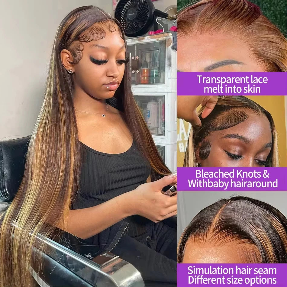 Melodie 30 40 Inch Highlight Wigs Human Hair Honey Blonde Colored Straight 13x6 Lace Frontal Wig 220% Brazilian Hair For Women