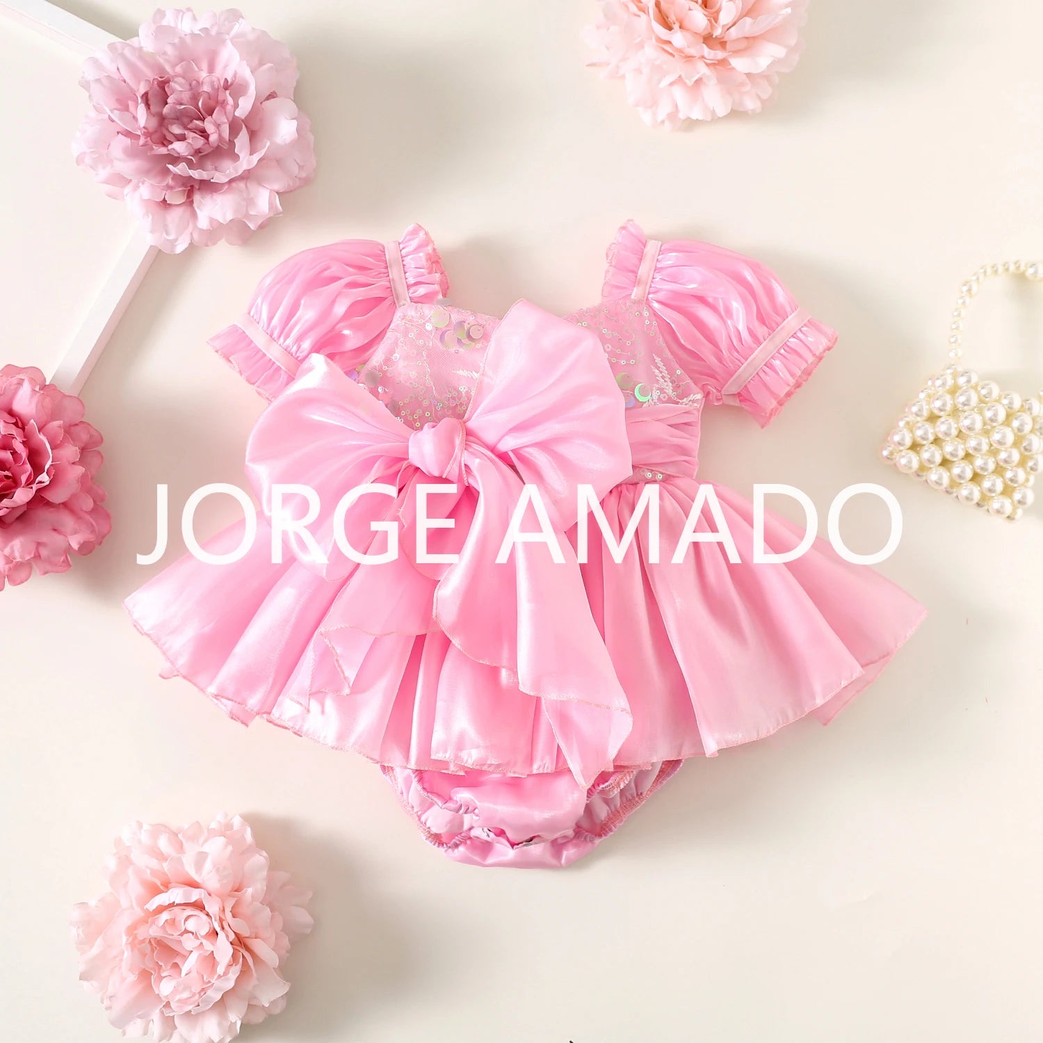 New Summer Bodysuit for Baby Girl Square Collar Sequined Large Bow Sleeveless Princess Jumpsuit Newborn Sweet Romper H1518