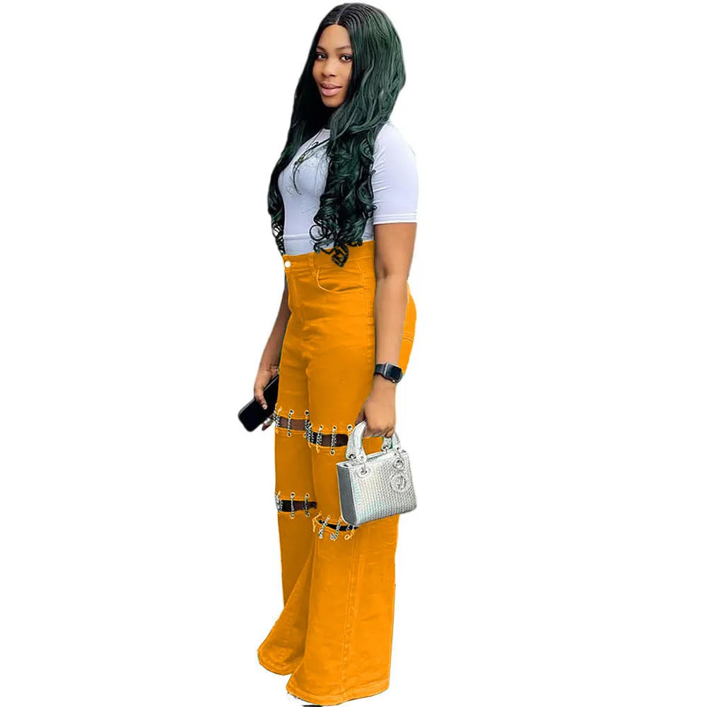 High Waist Green Ripped Chain Decoration Patchwork Wide Leg Denim Pants Women Fashion Casual Personality Trendy Long Trousers