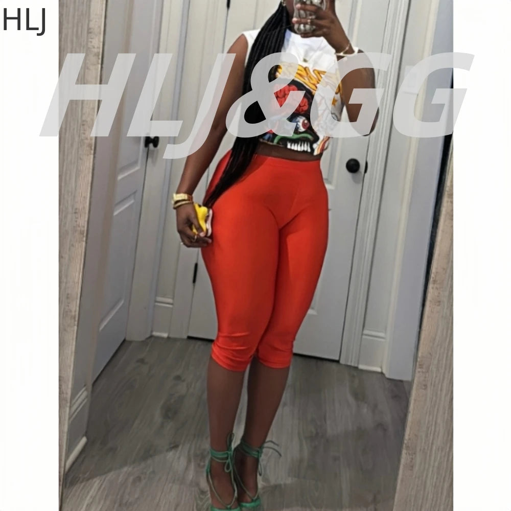 HLJ Fashion Y2K Pattern Print Two Piece Sets Women Round Neck Sleeveless Top+Skinny Shorts Outfits Trend Female 2pcs Streetwear